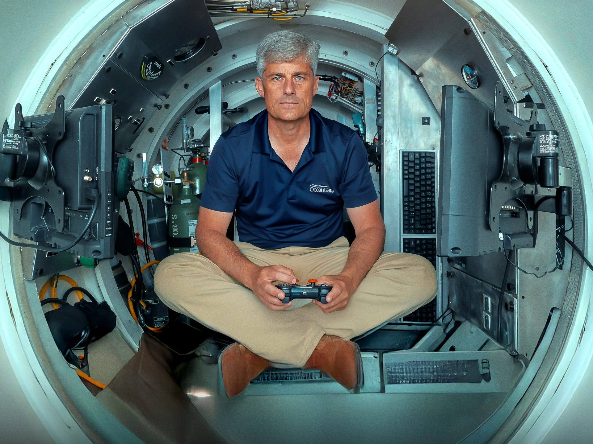 A middle-aged man with gray hair sits cross-legged in a small metal cylinder. he is surrounded by computer screens, two keyboards and oxygen tanks. He's wearing a navy blue polo top with the OceanGate logo on it. He's wearing beige trousers and brown shoes. He's holding a PlayStation controller.