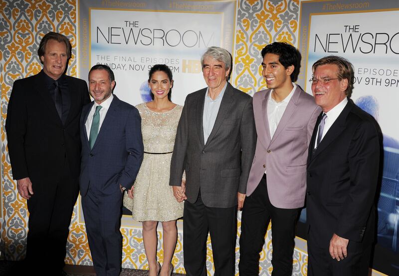 (L-R) Actor Jeff Daniels, executive producer Alan Poul, actors Olivia Munn, Sam Waterston, Dev Patel and creator/executive producer Aaron Sorkin attend the Los Angeles season 3 premiere of HBO's series 'The Newsroom' held at the DGA Theater on November 4, 2014 in Los Angeles, California.