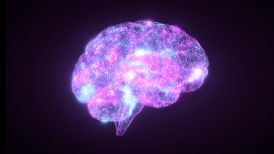 Illustrated GIF of a glowing brain lighting up with purple and blue flashes.