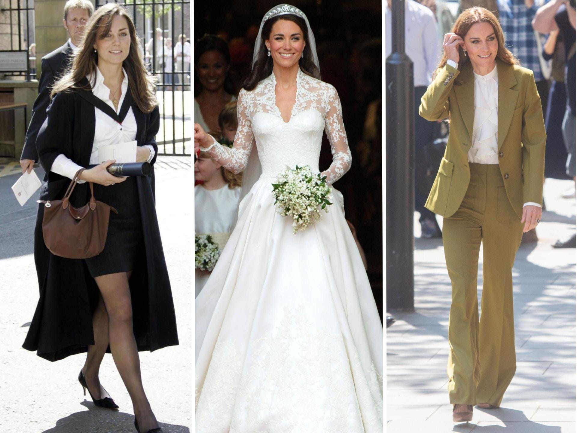 Three photos of Kate Middleton in different outfits over the years.