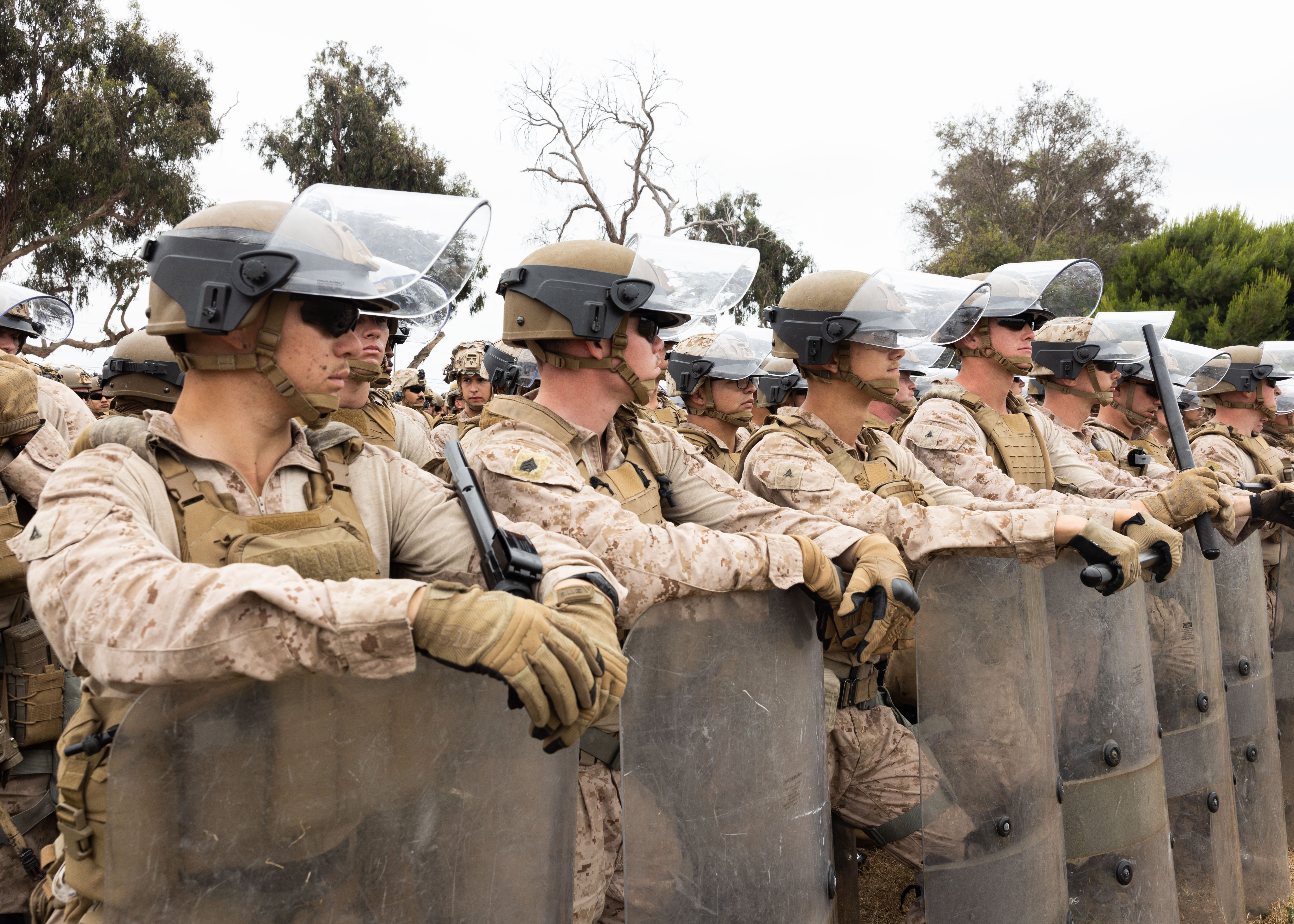 Marines with 2nd Battalion, 7th Marine Regiment await training in Los Angeles, June 10, 2025.