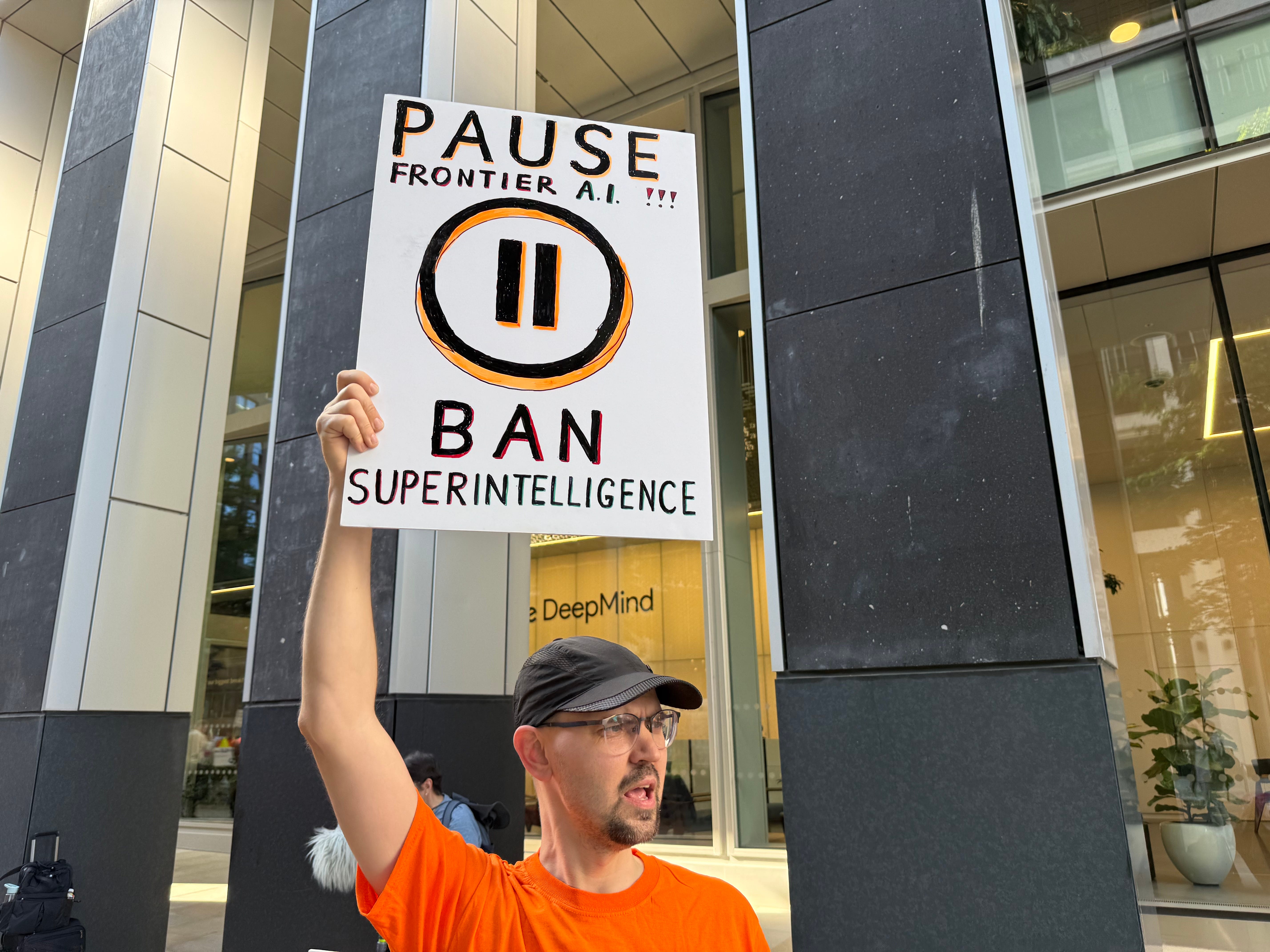 Protestor on London outside DeepMind's offices