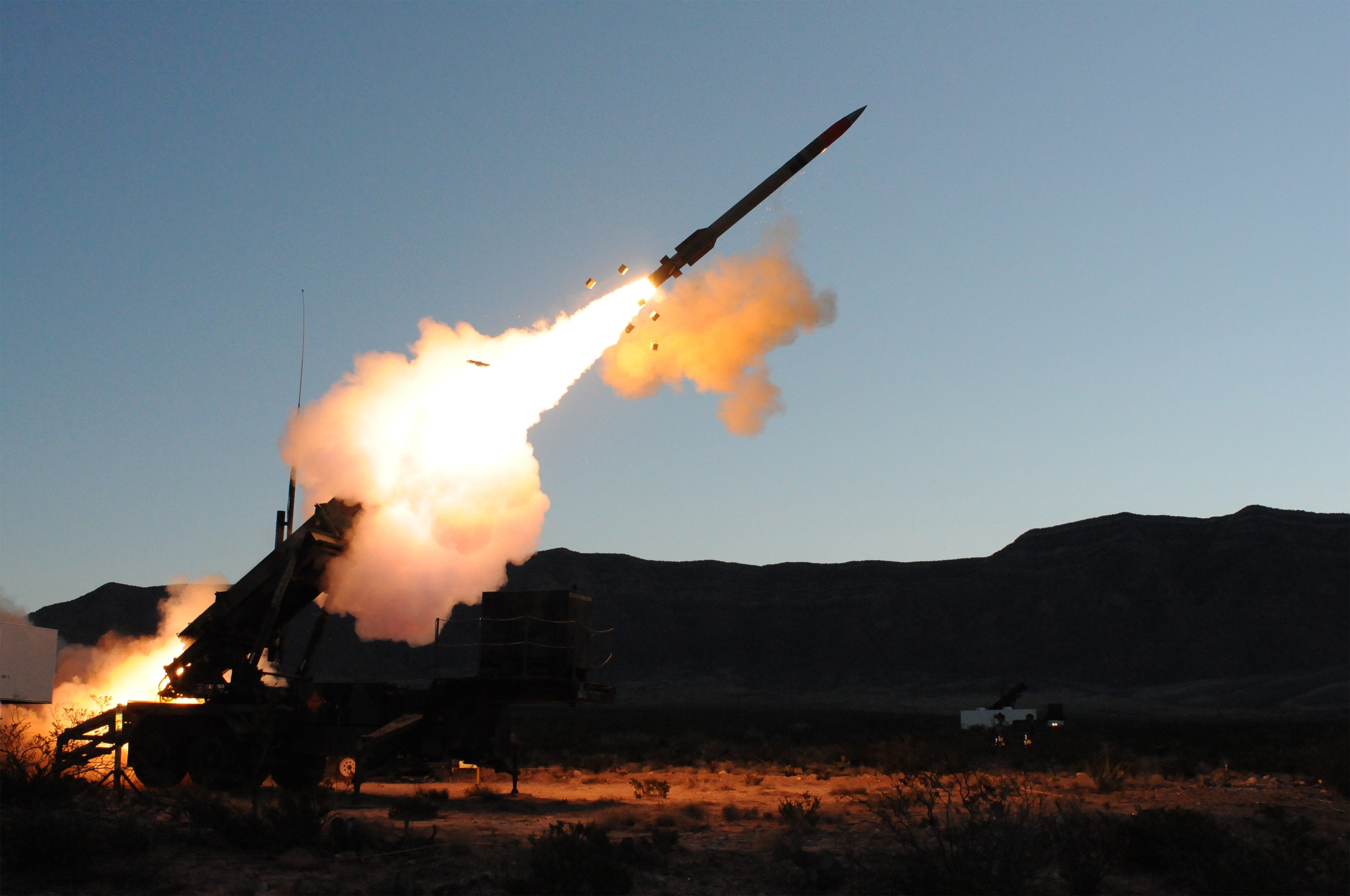 A Patriot battery fires an interceptor missile.