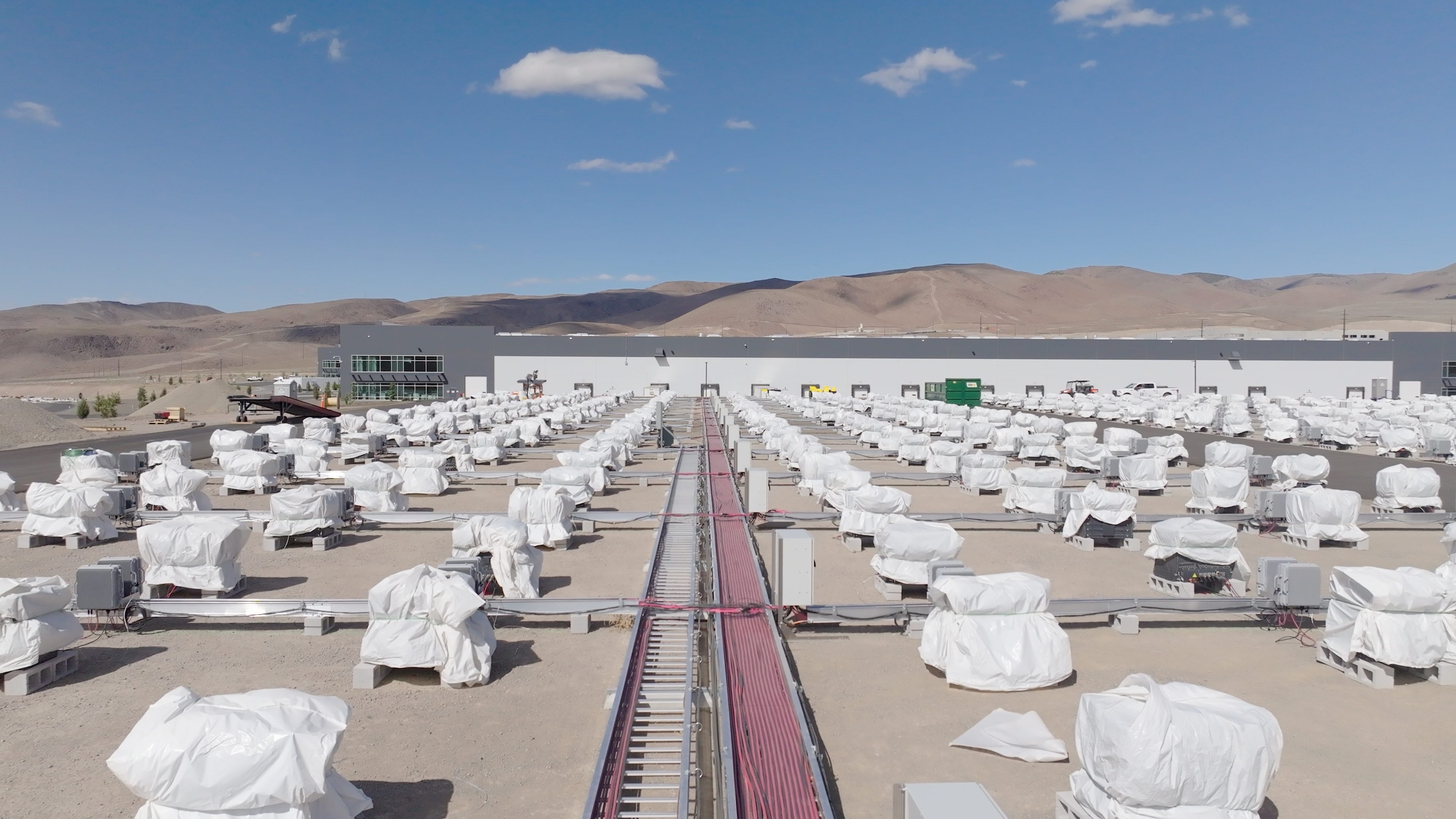 Battery packs arranged as part of a Redwood Materials energy storage system in Nevada