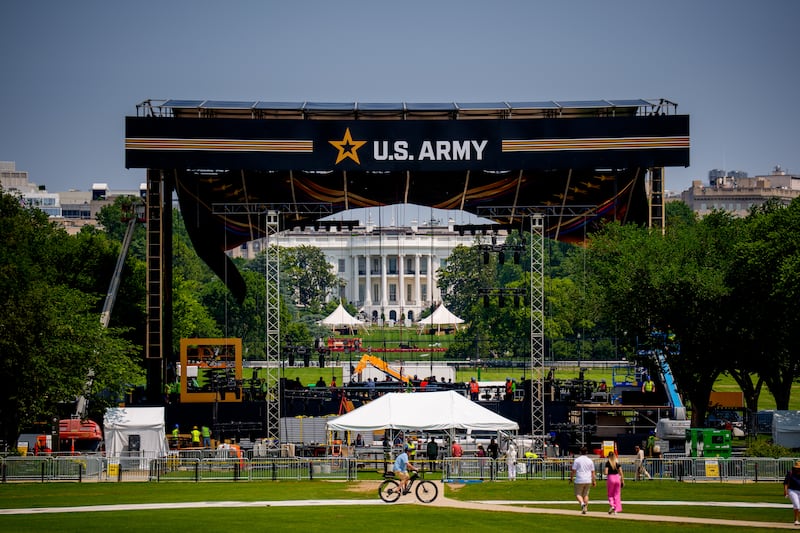 WASHINGTON, DC - JUNE 11: A U.S. Army reviewing stand continues to be built in front of the White House ahead of the Army's 250th birthday parade and celebration on June 11, 2025 in Washington, DC. Tanks and other heavy military equipment have arrived in the Nation's Capital for a military parade in honor of the U.S. Army's 250th anniversary, which coincides with President Donald Trump's birthday and Flag Day. (Photo by Andrew Harnik/Getty Images)