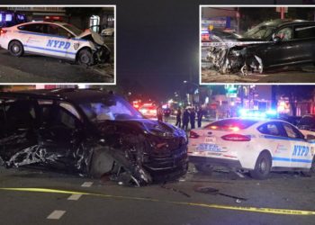 SUV slams cop cruiser in three-car pileup, leaving two NYPD officers and two others hurt