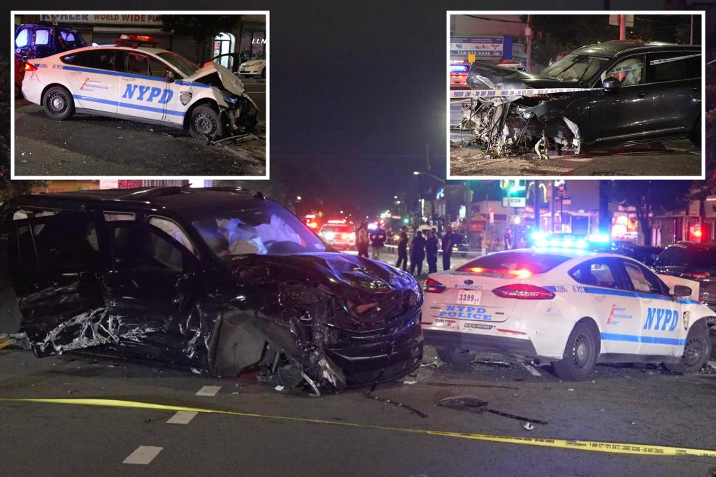 SUV slams cop cruiser in three-car pileup, leaving two NYPD officers and two others hurt