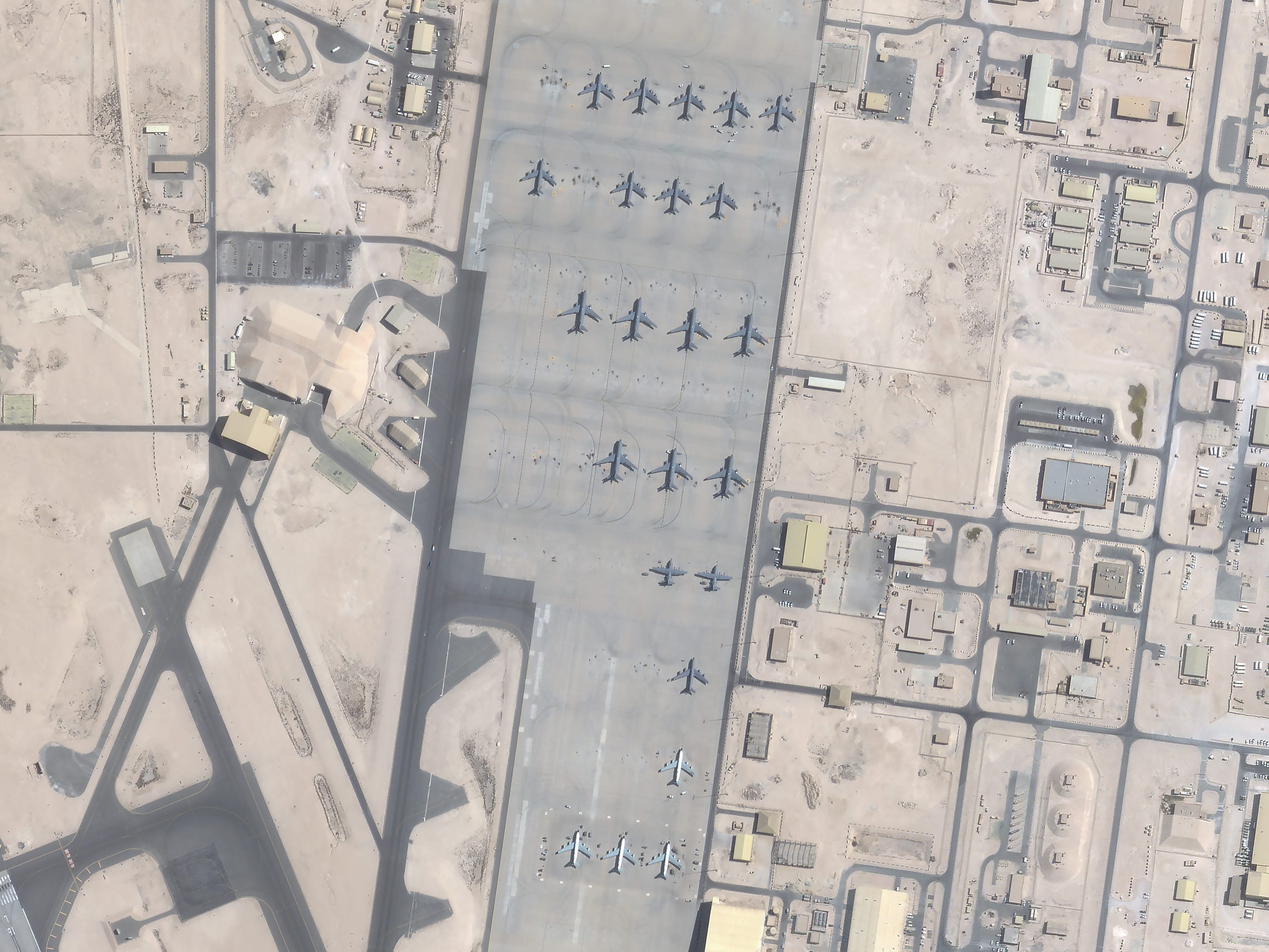 A June 5, 2025, satellite image shows dozens of aircraft parked at Al Udeid in Qatar