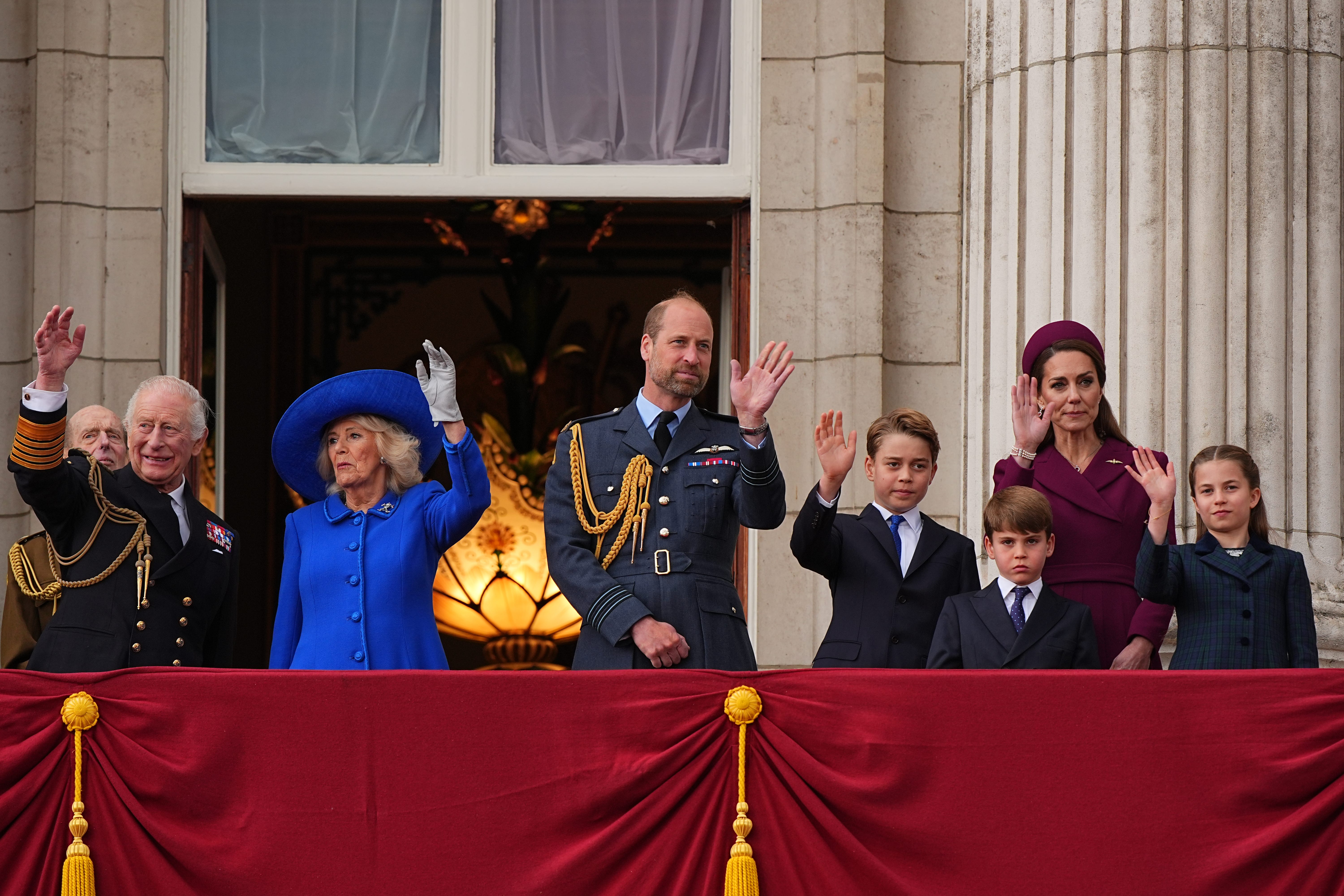 King Charles III, Queen Camilla, Prince William, Prince of Wales, Prince George, Prince Louis Catherine, Princess of Wales and Princess Charlotte on the balcony of Buckingham Palace on May 5, 2025.