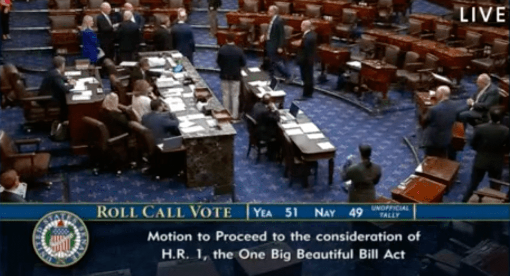 The Senate voted 51-49 in a procedural vote to advance the One Big Beautiful Bill to a debate on June 28, 2025.