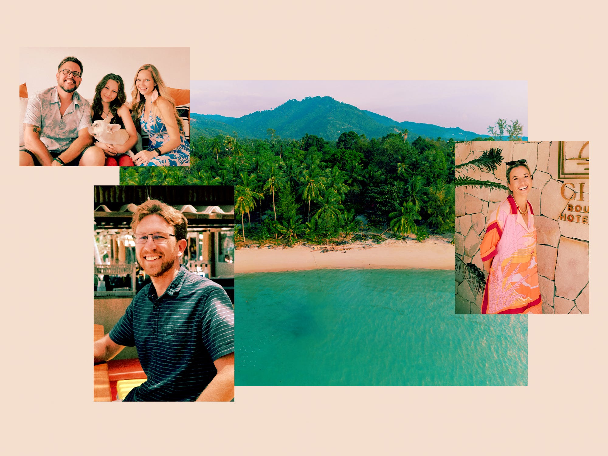 Photo collage of Aerial view of boat near the idyllic beach on Koh Samui , with photos of Pauline Cabessa, Mike Holp, and the Moss family.