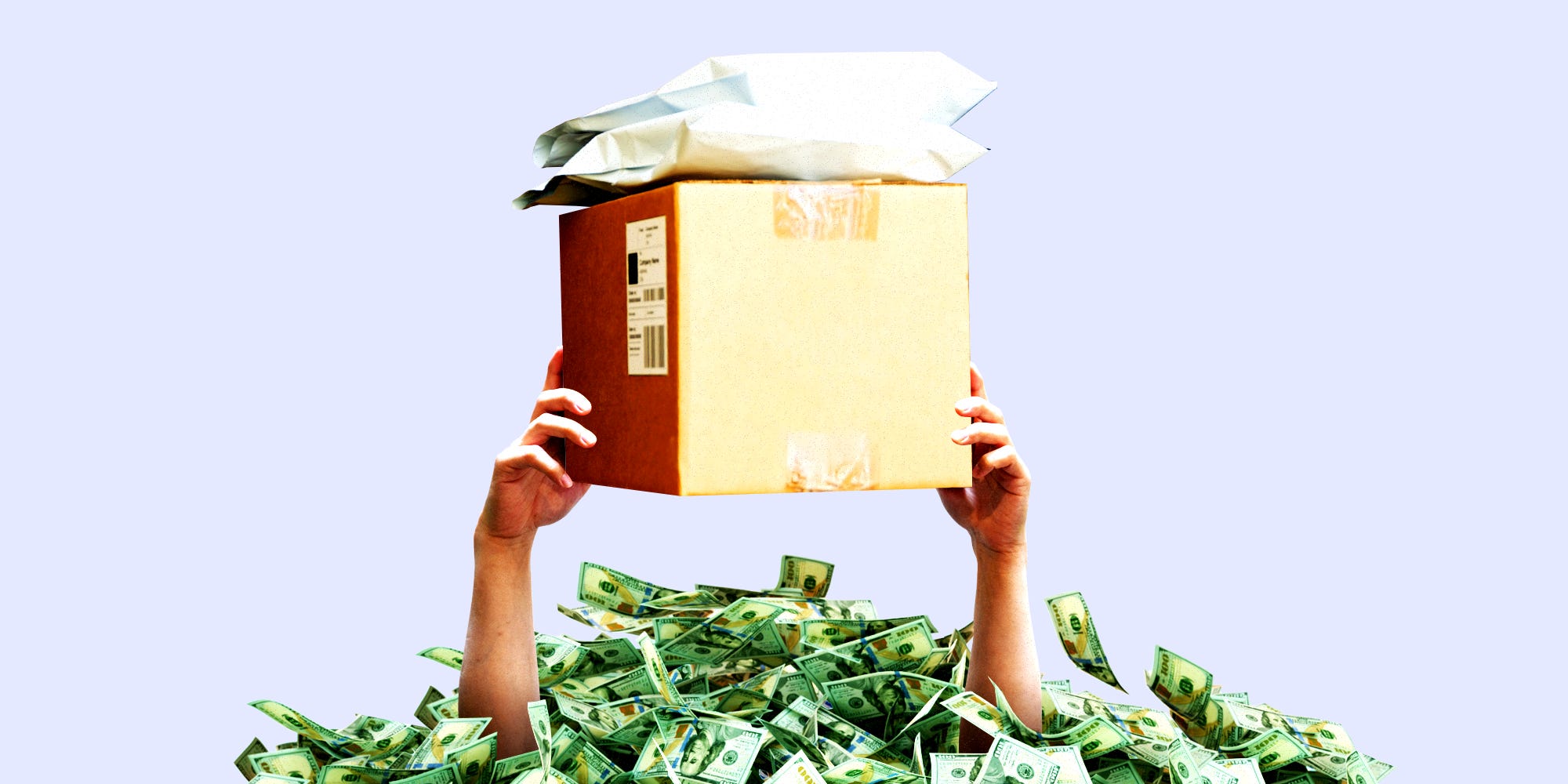 Hands emerging from a pile of money, holding a stack of delivery packages.