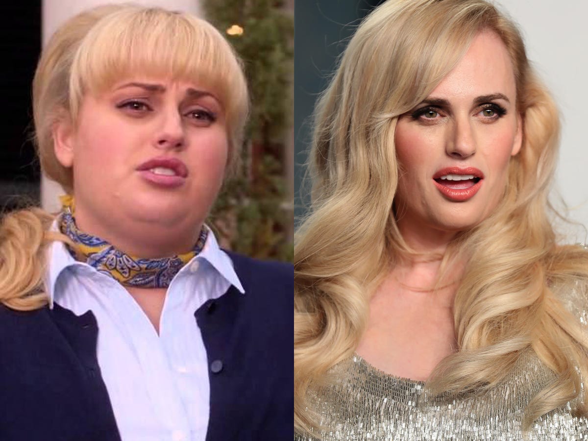 rebel wilson as fat amy in pitch perfect and rebel wilson at the vanity fair oscar party in 2022