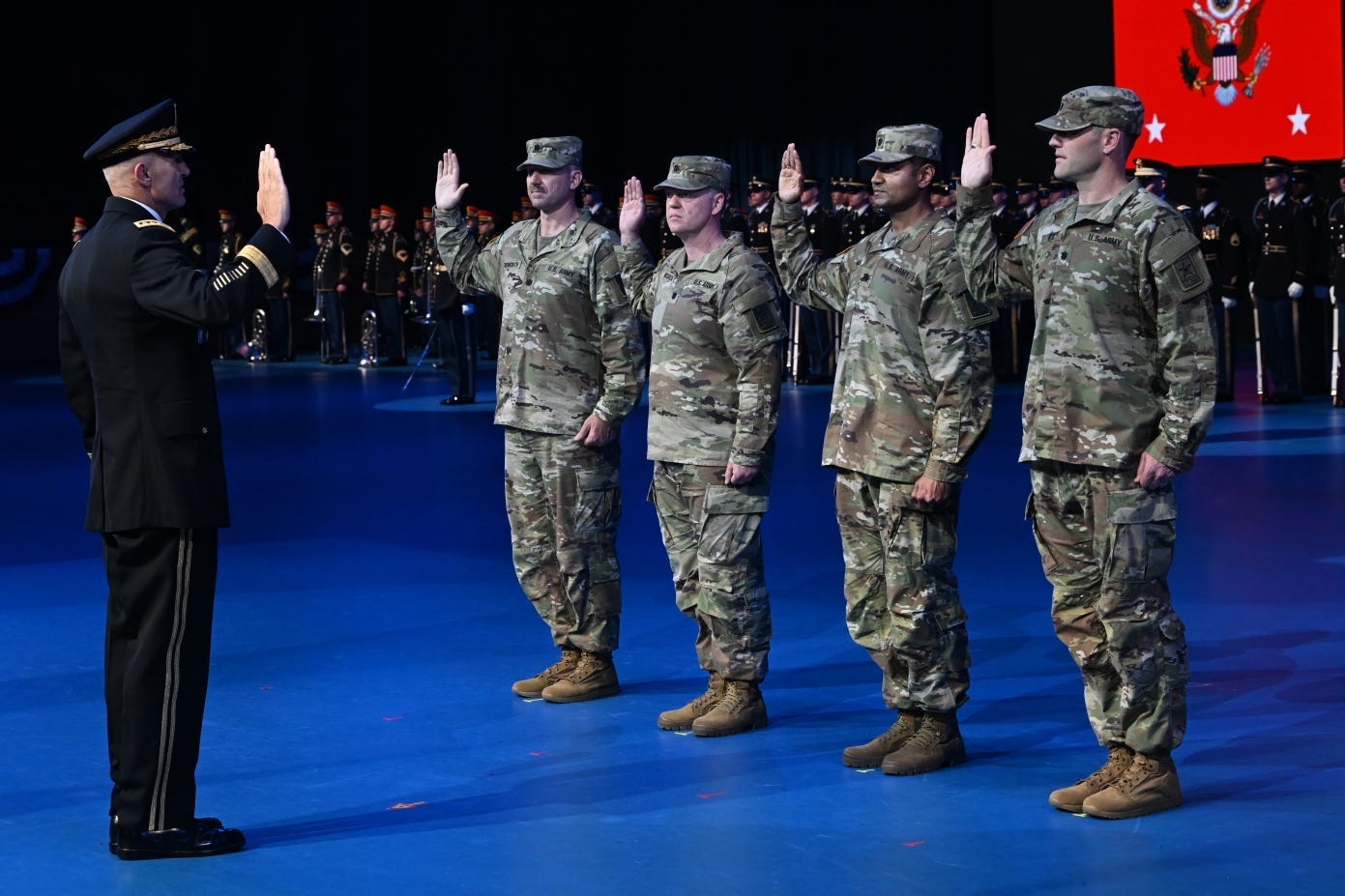Army Chief of Staff Gen. Randy A. George administers the Oath of Office to four new U.S. Army Lt. Cols. -- all tech CEOs-- during a ceremony in Conmy Hall, Joint Base Myer-Henderson Hall, Va., June 13, 2025. T