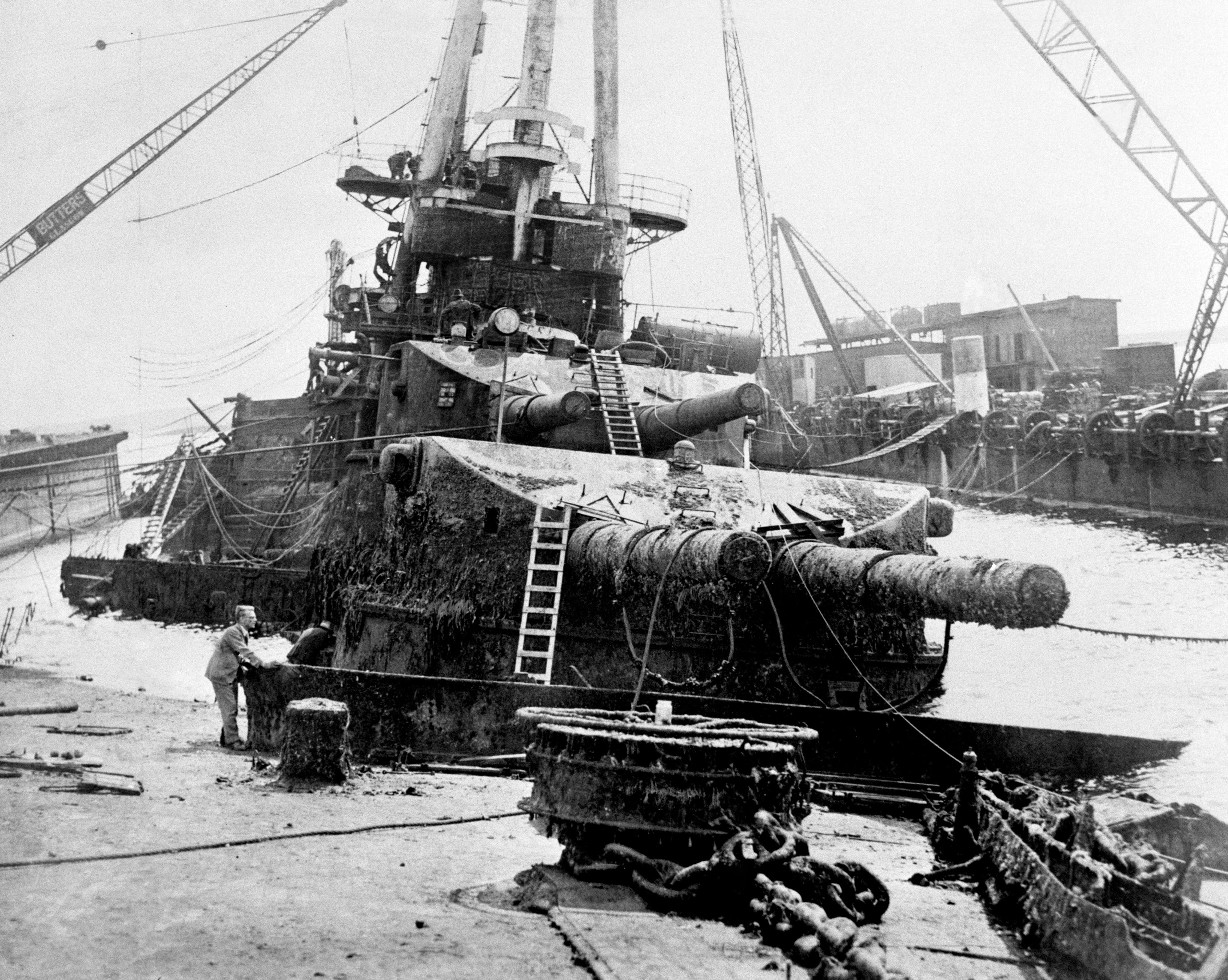 The salvaging of German warship 'Hindenburg', which surrendered to the British at the end of the First World War. German sailors opened the sea cocks on 70 interned vessels of the former German Fleet at Scapa Flow in the Orkneys, scuttling the majority. Some remain on the seabed although most were salvaged for scrap.