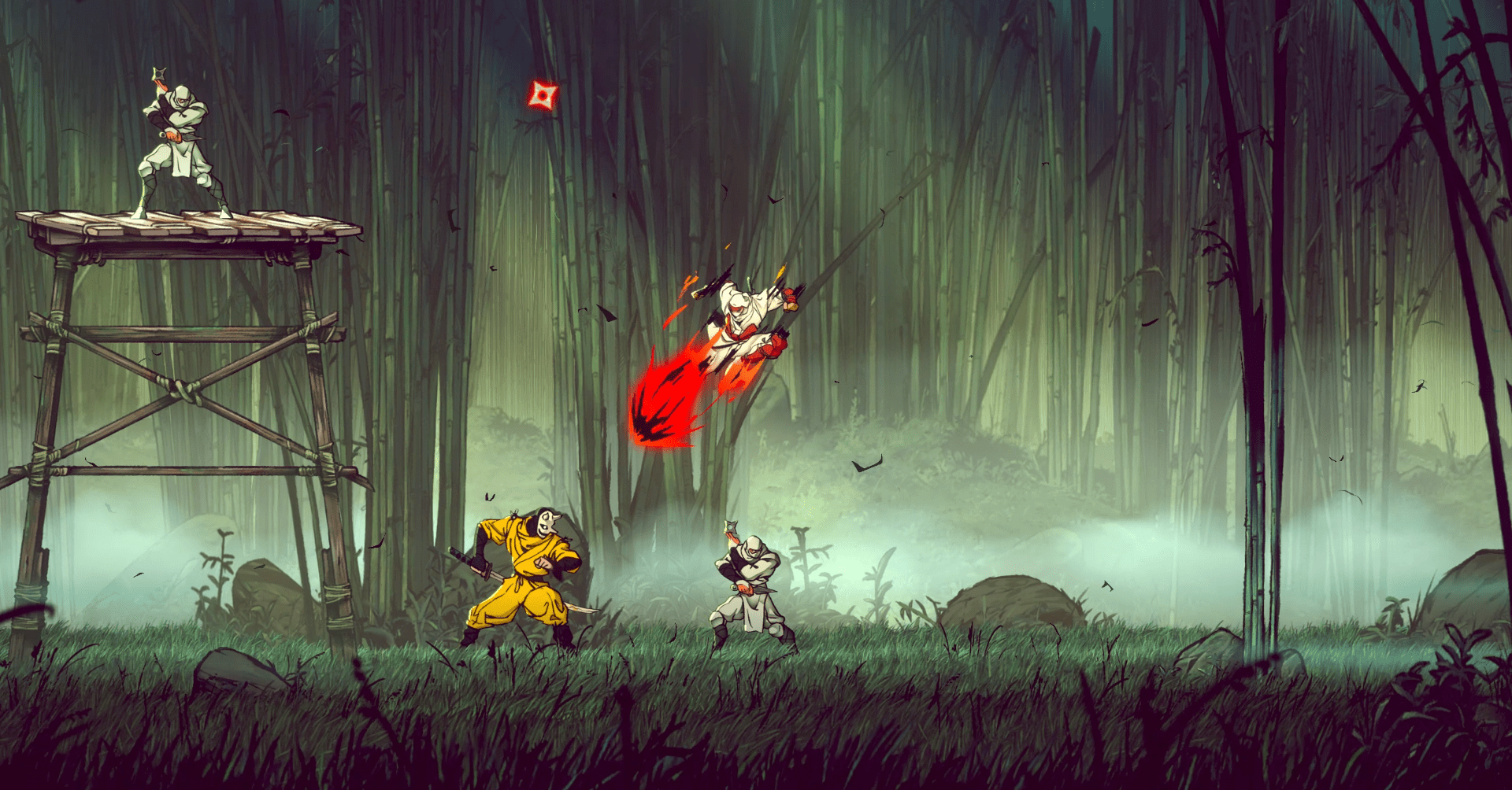 Joe Musashi thunder kicks at a swordsman in a yellow uniform in Shinobi: Art of Vengeance