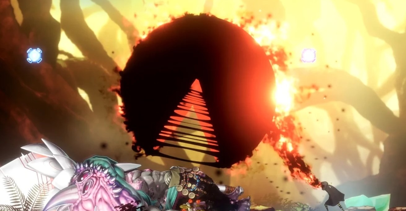 A giant black Pac-Man face chomps down on a monster in Shadow Labyrinth