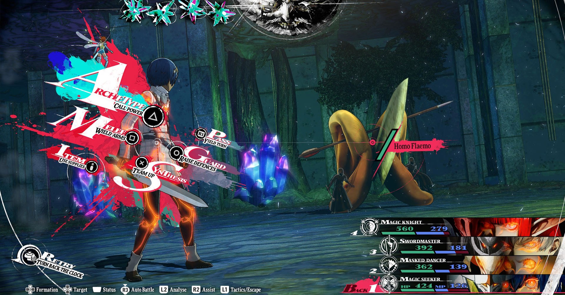 A Metaphor: ReFantazio screenshot showing a fight against the Homo Flaemo enemy, which has the form of a pair of ears with two humanoid figures next to it.
