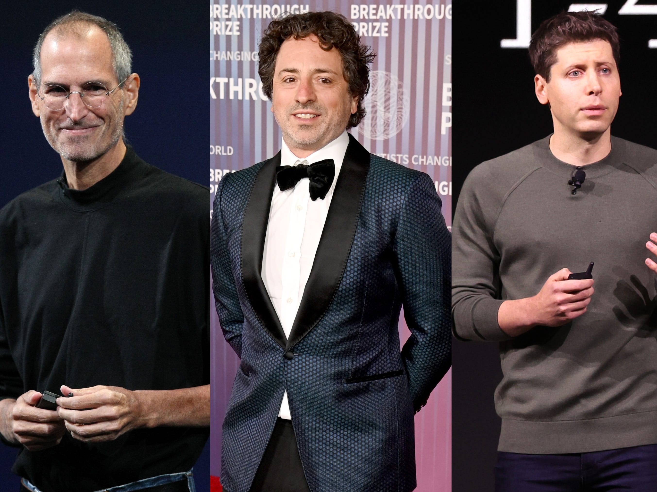 Steve Jobs, Sergey Brin, Sam Altman side by side