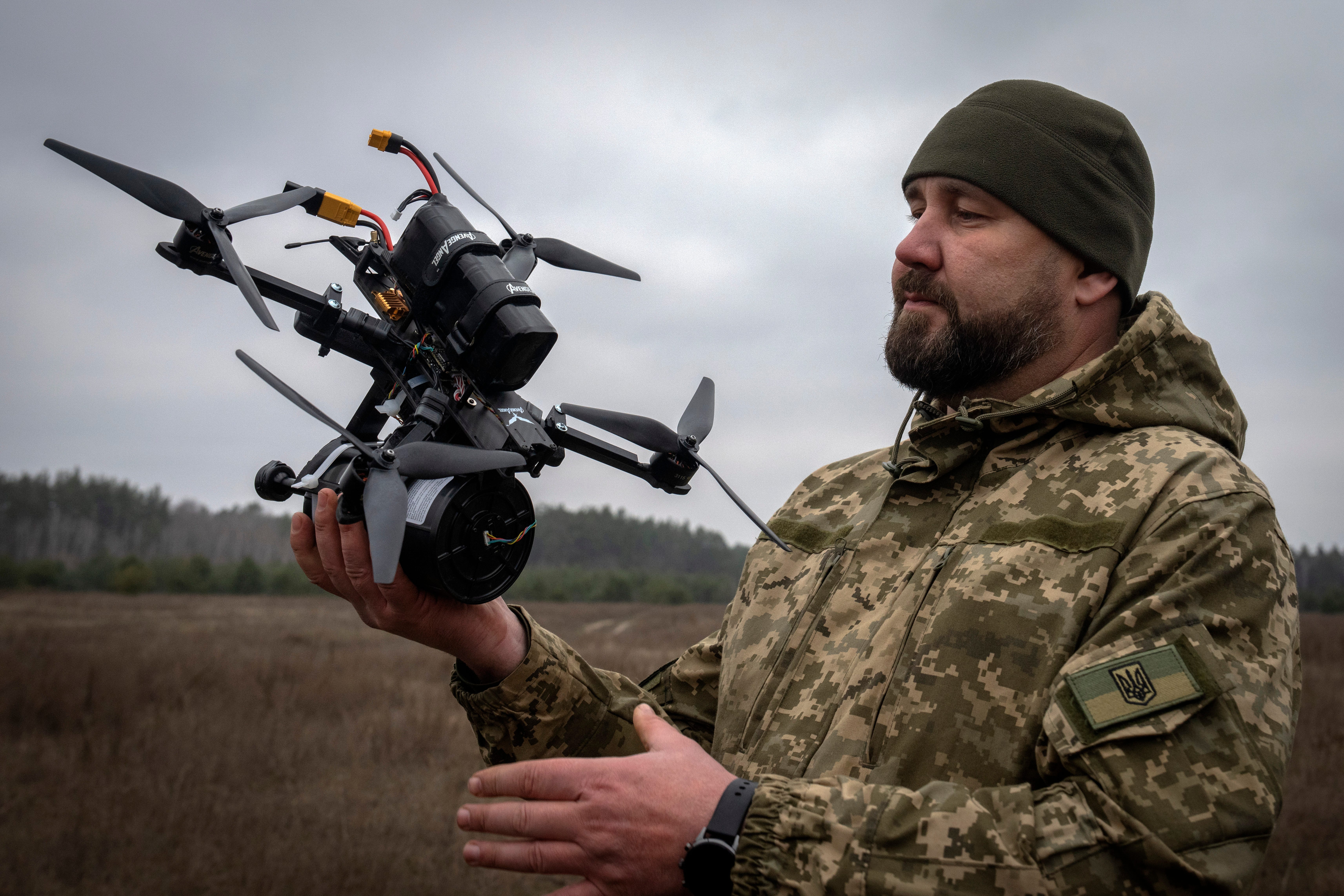 A Ukrainian serviceman demonstrates a fiber-optic drone at an undisclosed location in the Kyiv region on January 29.