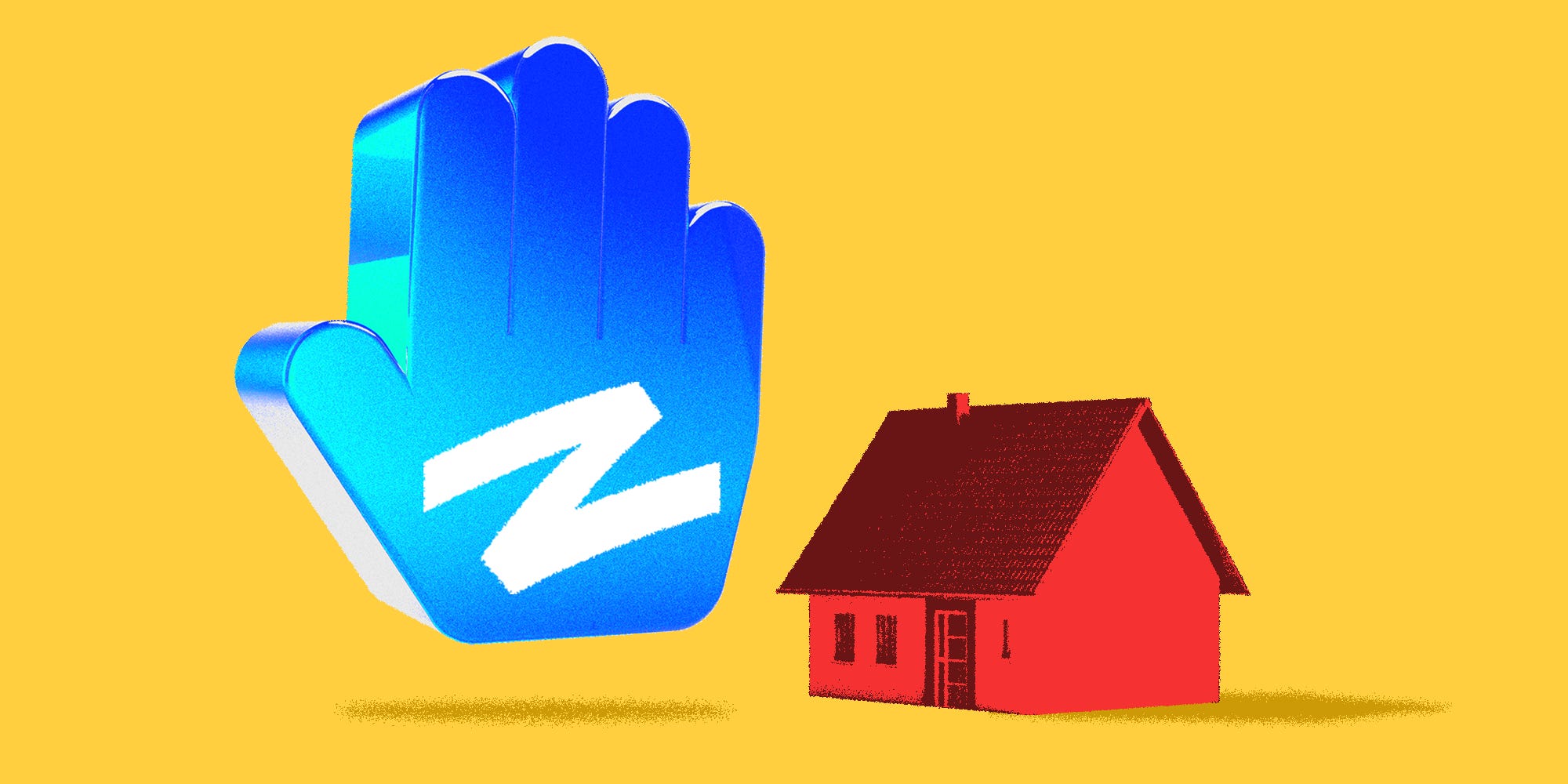 A large hand with a Zillow logo stopping house