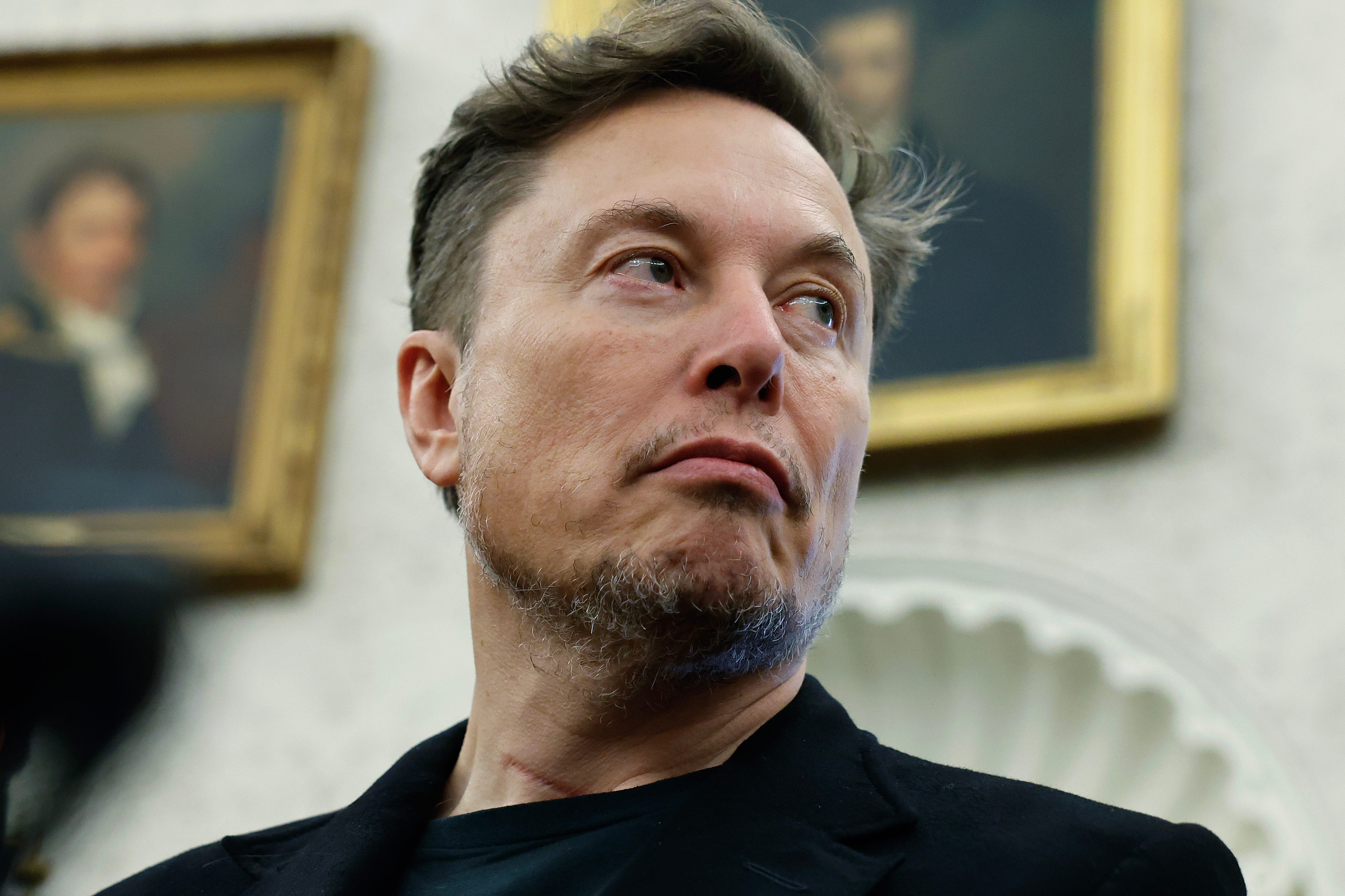 Elon Musk attending a press conference in the Oval Office at the White House.