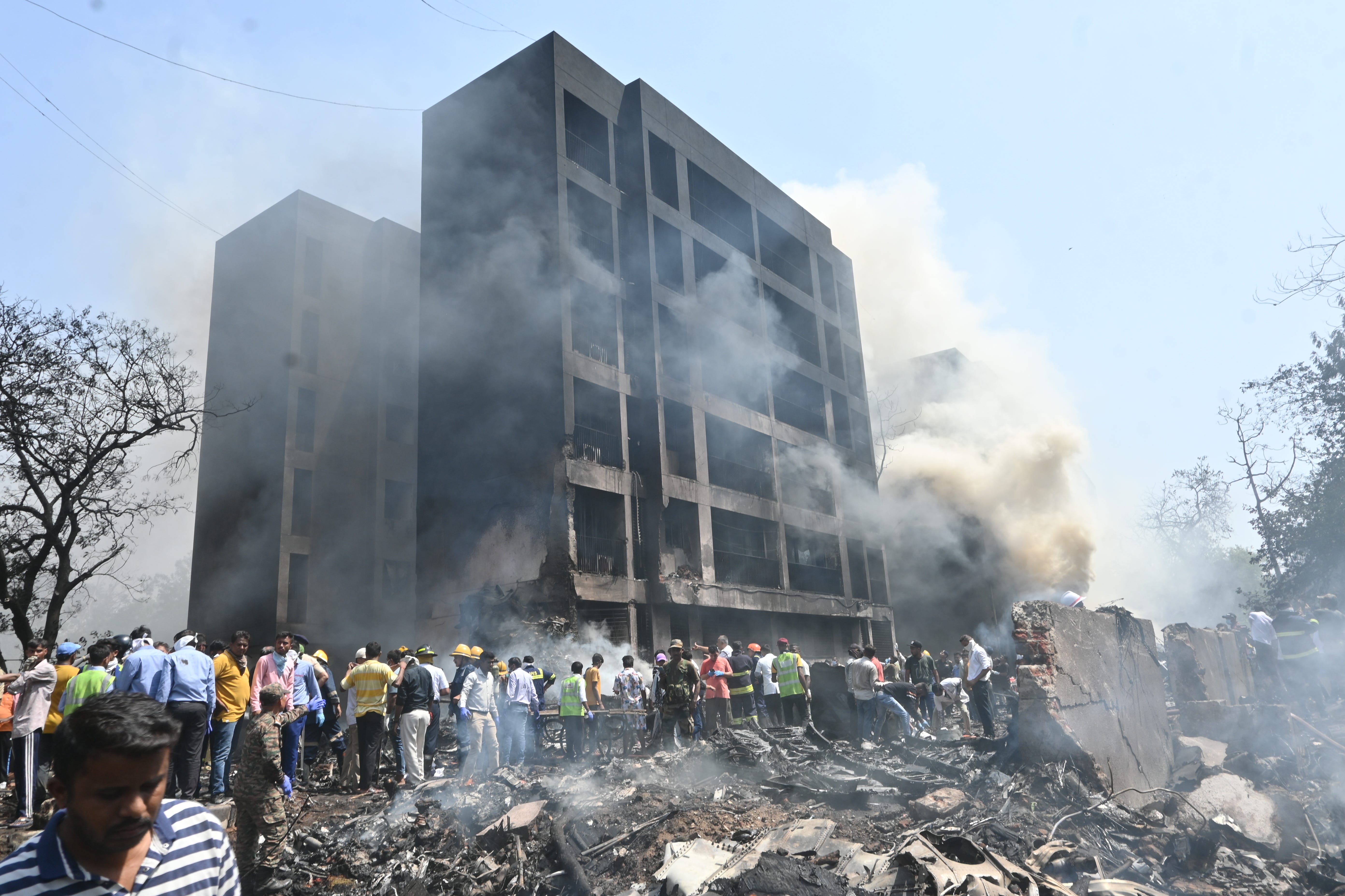 A view of the site after a plane crashed following takeoff from Sardar Vallabhbhai Patel International Airport in India's western state of Gujarat on June 12, 2025.
