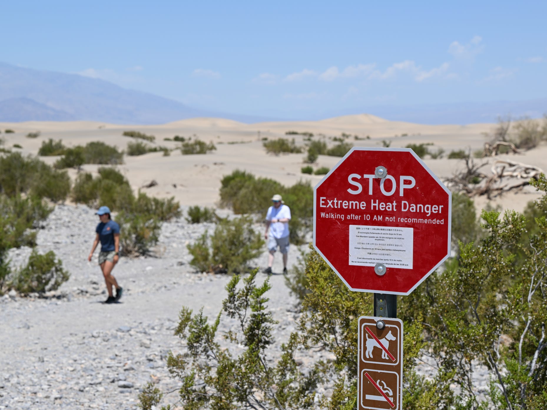 A sign for extreme heat in Death Valley, California, in June 2024.