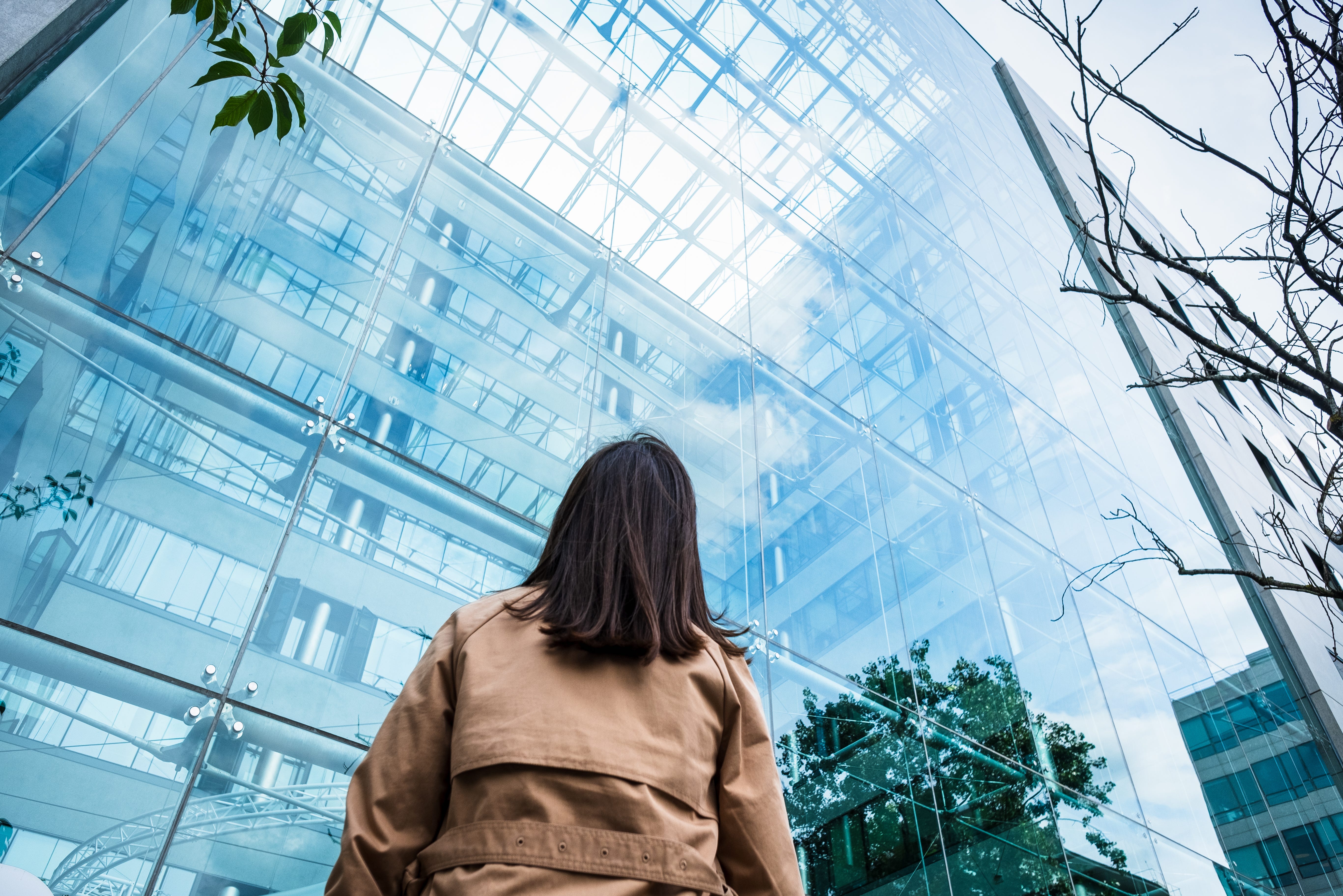 A woman stares at an office building.