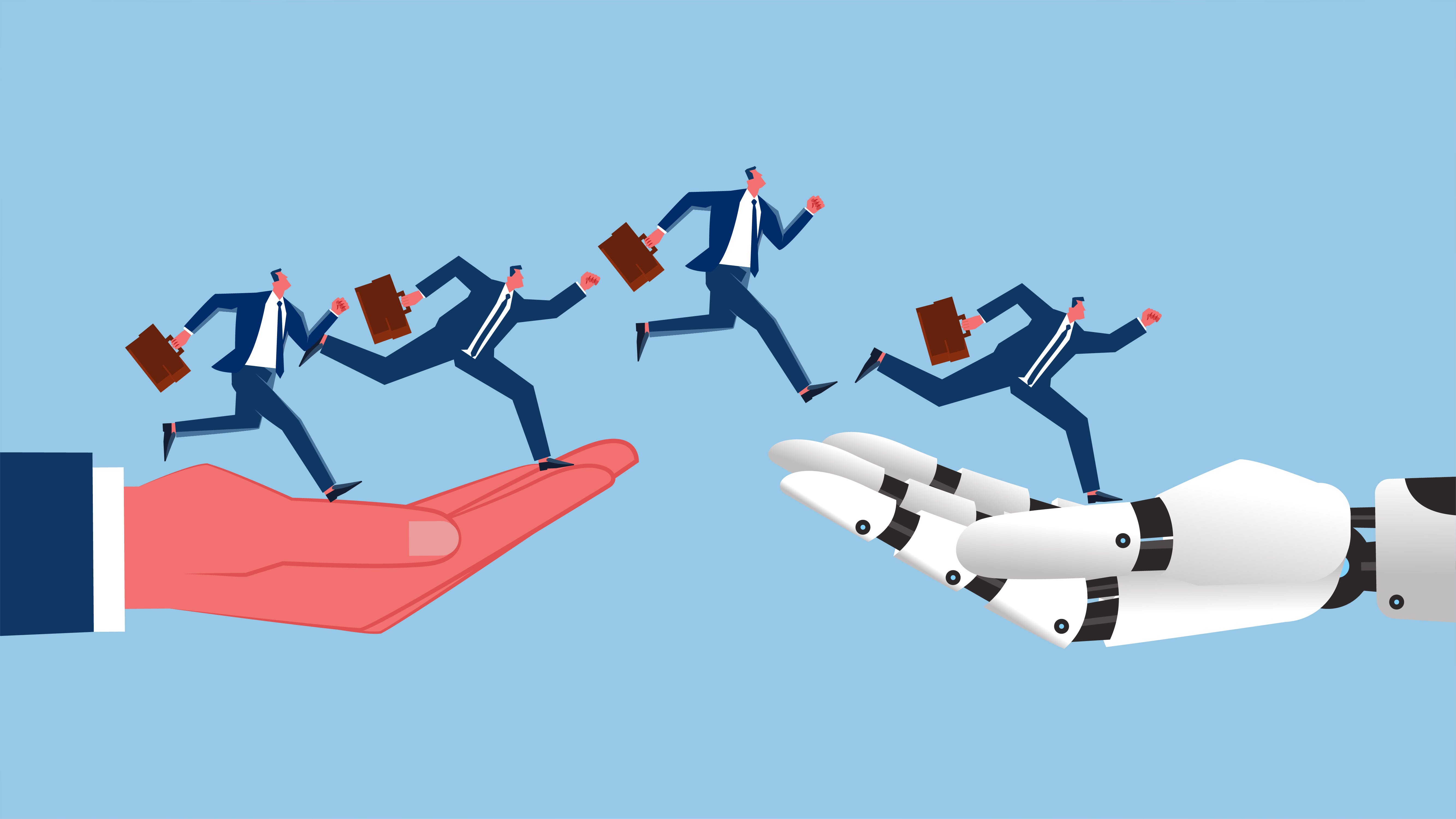 Executives jumping from a human hand and to a robotic hand