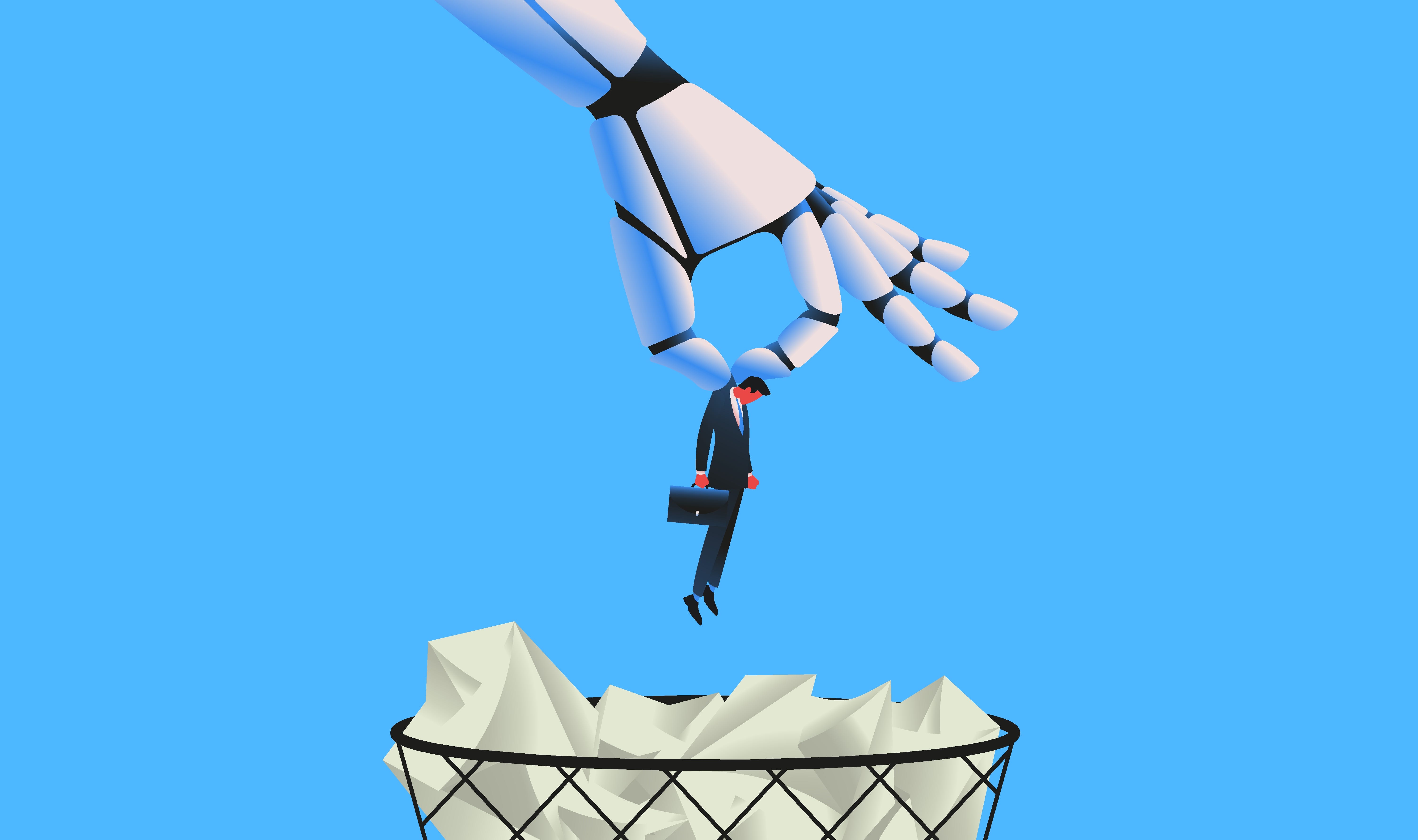 A graphic showing a large robot hand dangling a businessman over a trashcan.