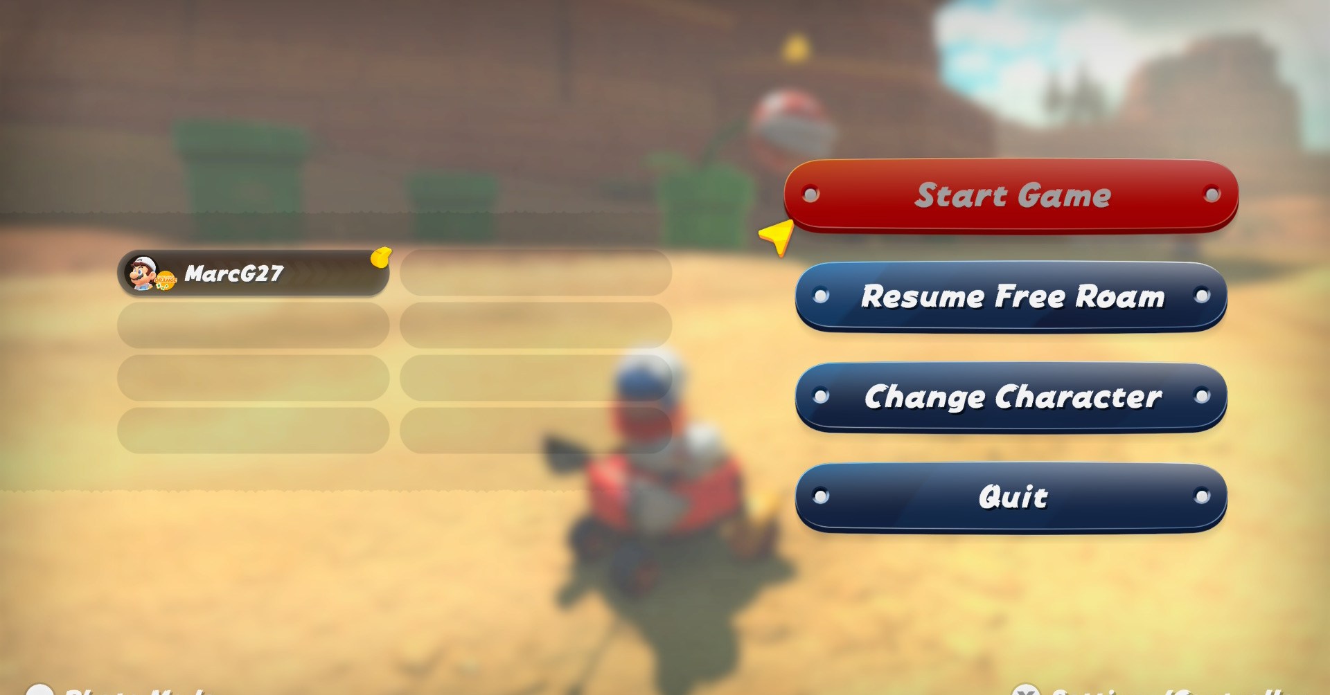 A picture of Mario in Mario Kart World using wireless play. 
