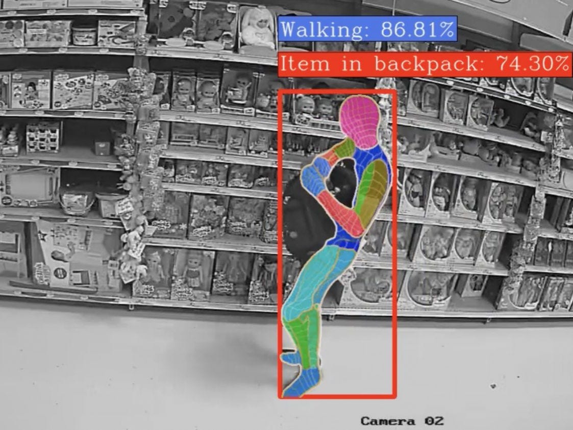 A demo image of a person concealing an item in a store aisle from AI startup Veesion.