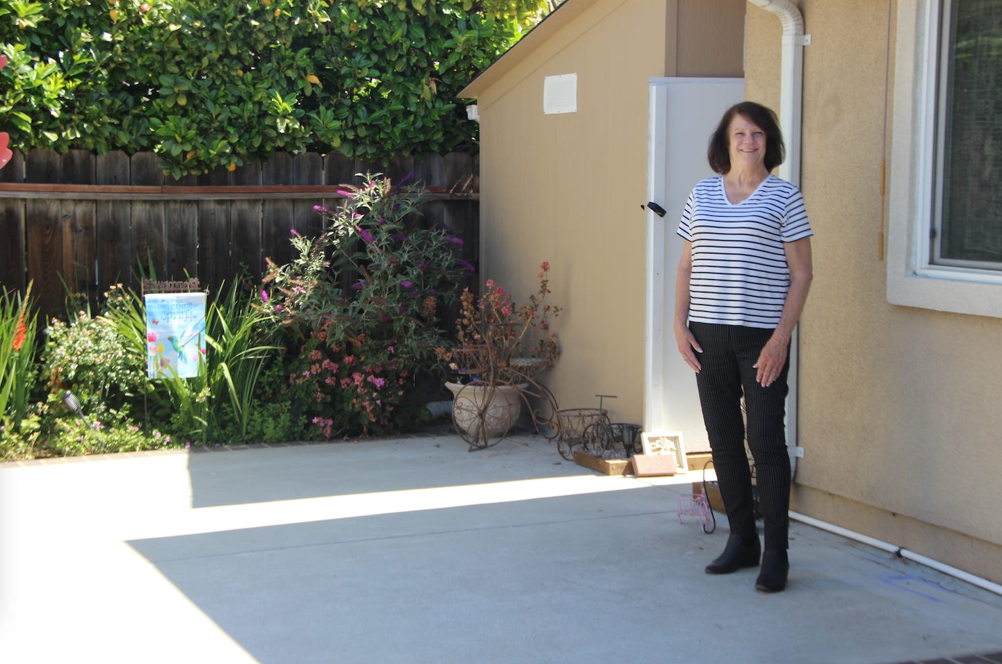 Susan Landry outside her 400-square-foot ADU in Campbell, California.