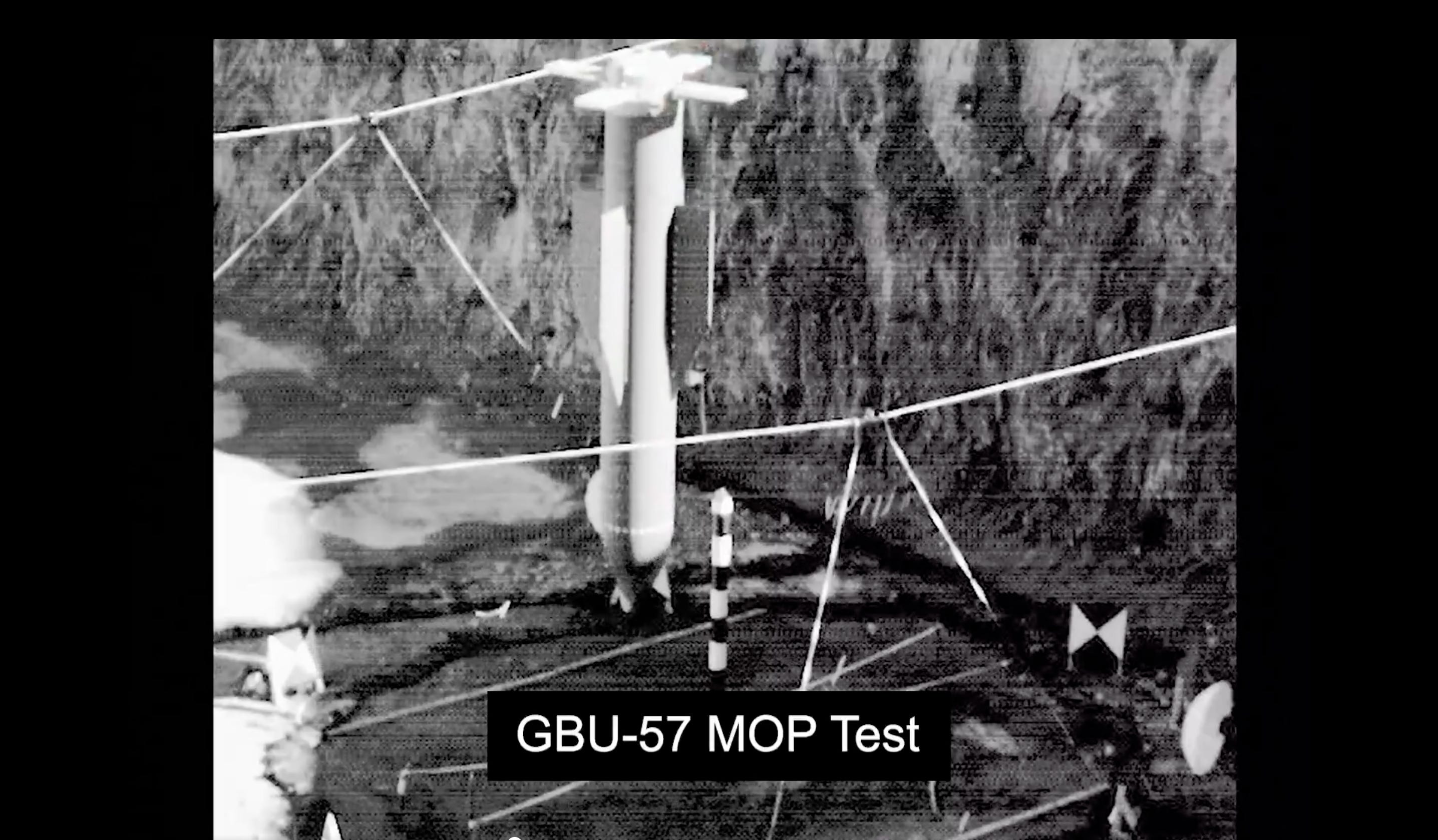 A screengrab of a video shared by the Department of Defense showing a GBU-57 approaching its target during a test.