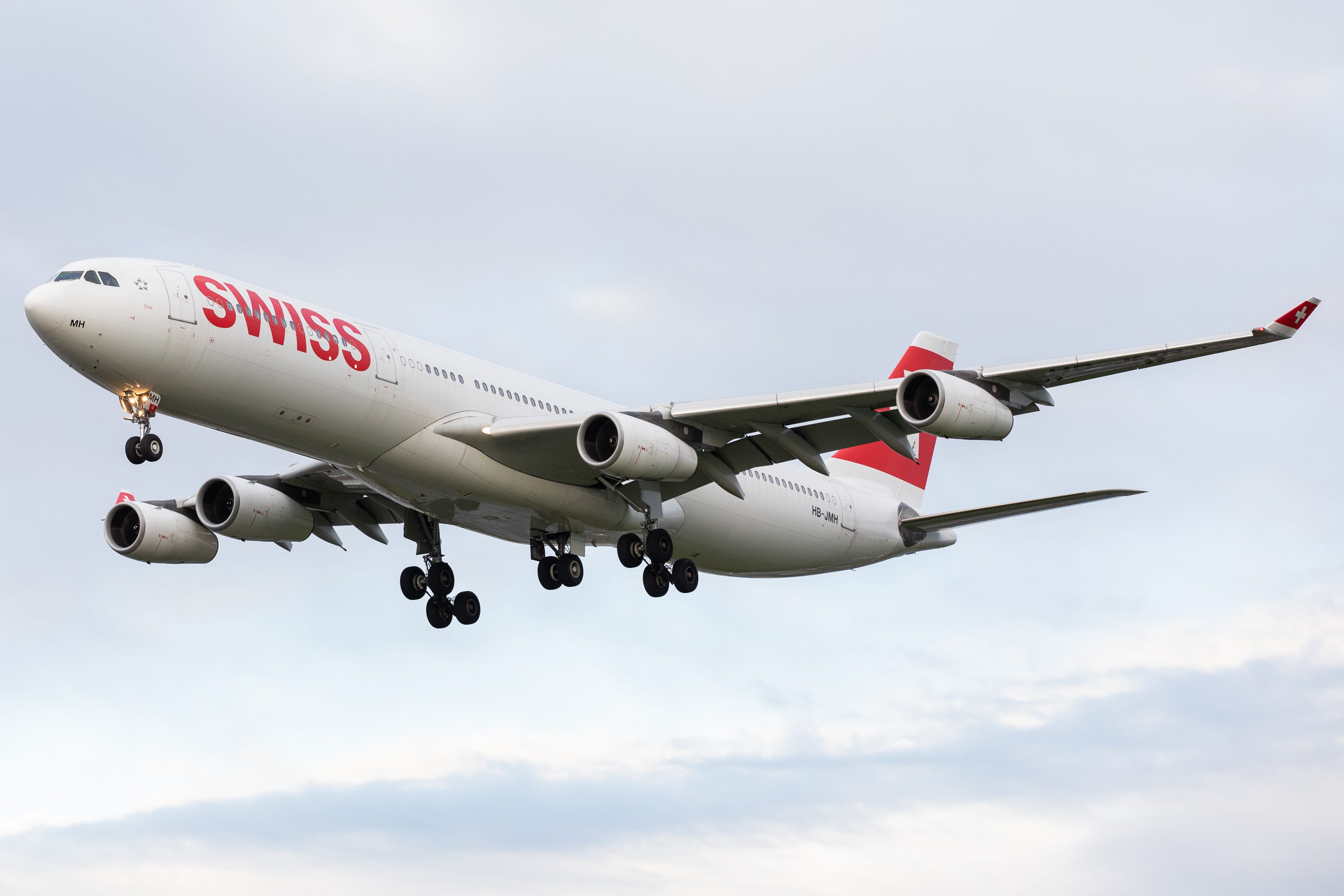 A Swiss International Airlines Airbus A340 lands at London Heathrow Airport on 28th October 2020