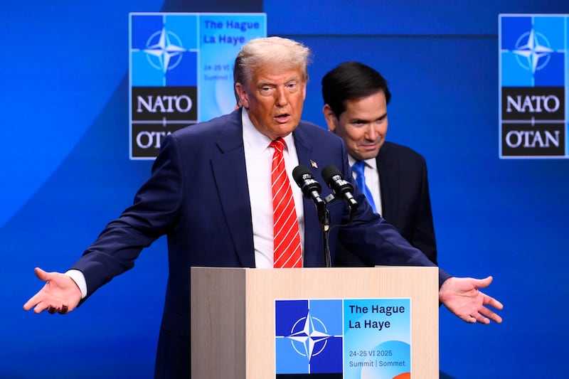 President Donald Trump speaking at a press conference on June 25, 2025 where he read a statement from the Israel Atomic Energy Commission after the White House also took the unusual move to send it out to dispute an early U.S. intelligence report.