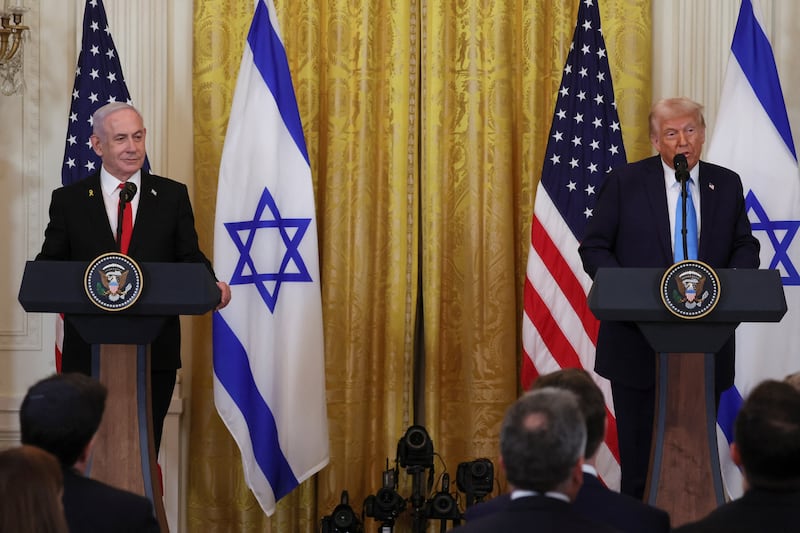 U.S. President Donald Trump and Israeli Prime Minister Benjamin Netanyahu hold a joint press conference in the East Room at the White House in Washington, U.S., February 4, 2025.