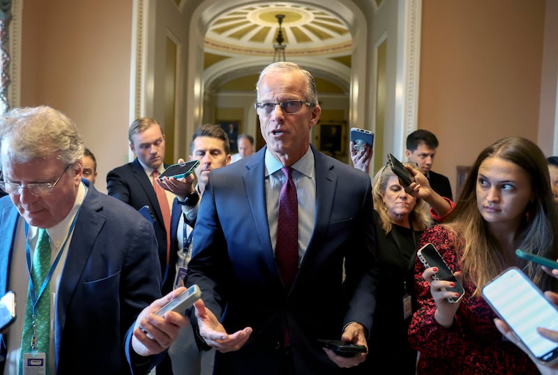 Senate Majority Leader John Thune speaks to reporters at the Capitol as lawmakers work on the One Big Beautiful Bill Act in the Senate by July 4th.