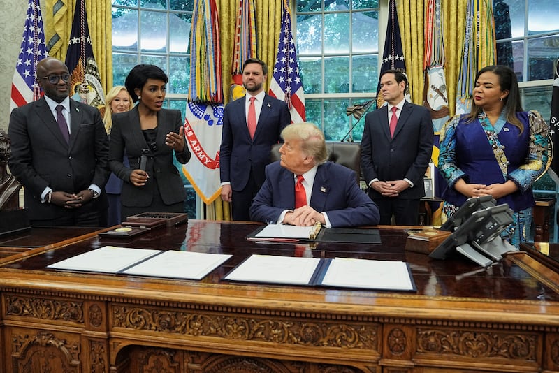 White House Correspondent Hariana Veras speaks, during a meeting between U.S. President Donald Trump and the Democratic Republic of the Congo's Foreign Minister Therese Kayikwamba Wagner and Rwanda's Foreign Minister Olivier Nduhungirehe in the Oval Office
