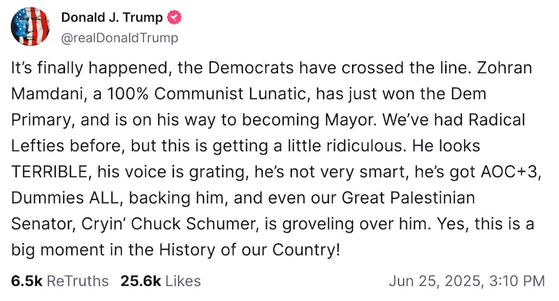 Trump insults Zohran Mamdani on Truth Social following his win in New York CIty's mayoral primary.