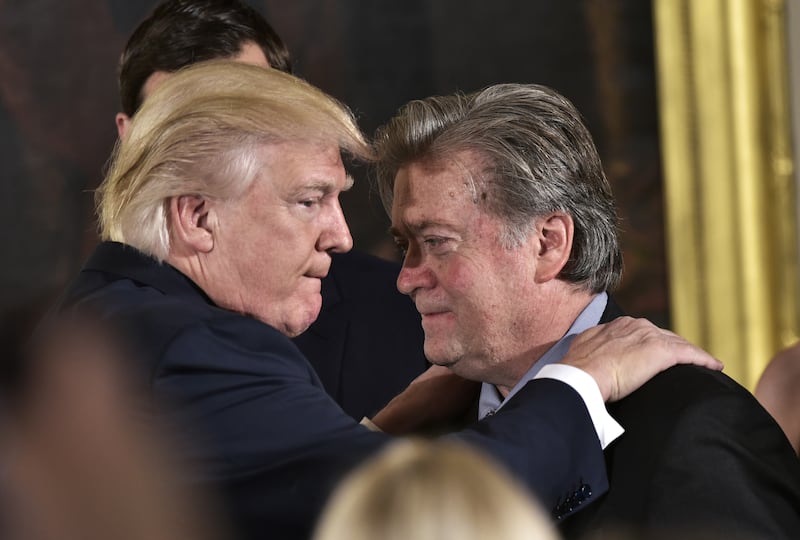 President Donald Trump with Steve Bannon just after he took office for the first time in 2017 when the right-wing podcaster served as his chief strategist in the White House.