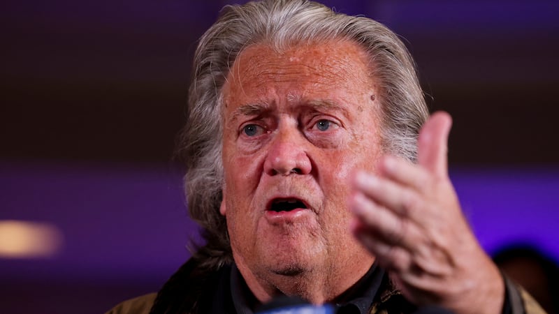 Steve Bannon, former advisor to former U.S. President and Republican presidential nominee Donald Trump, gestures as he speaks during a press conference in New York City following his release from U.S. Federal jail in Connecticut, U.S., October 29, 2024. REUTERS/Andrew Kelly