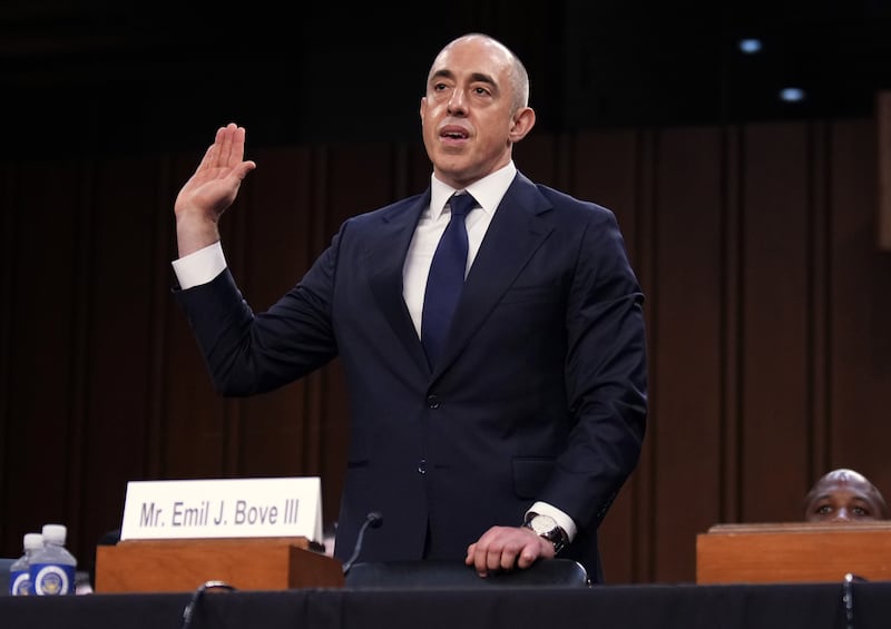 Emil Bove, President Donald Trump's nominee to be U.S. Circuit Judge for the Third Circuit, is sworn in before testifying during his Senate Judiciary Committee nomination hearing on June 25, 2025.