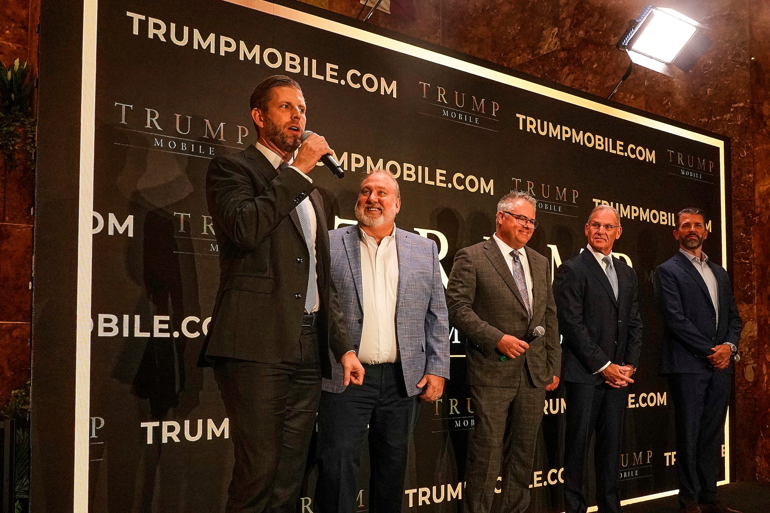 Eric Trump speaks during an announcement for Trump Mobile