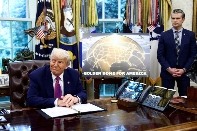 U.S. President Donald Trump makes an announcement regarding the Golden Dome missile defense shield.