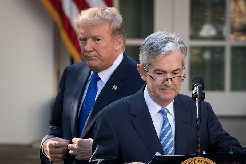President Donald Trump looks on as Jerome Powell takes to the podium during a press event in the Rose Garden at the White House in 2017.