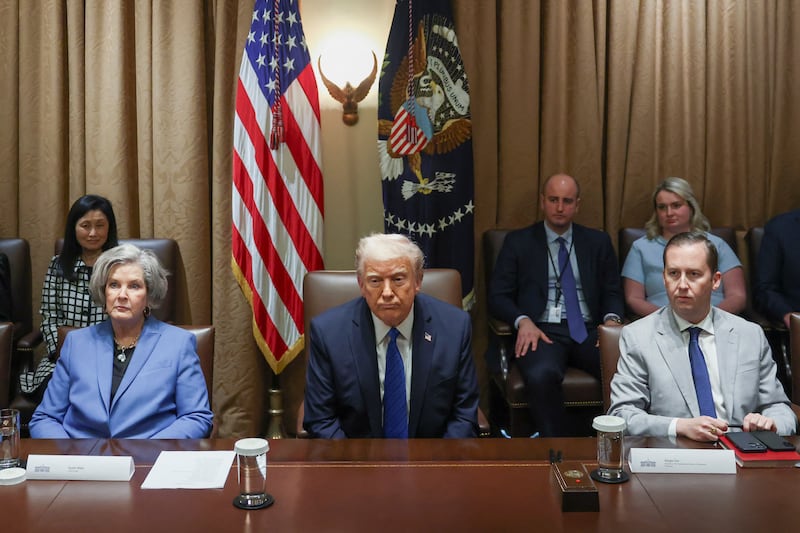 Presidential Personnel Office Director Sergio Gor seated with President Donald Trump and White House Chief of Staff Susie Wiles on March 25, 2025.