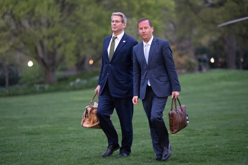 Sergio Gor walking on the South Lawn of the White House with Treasurty Secretary Scott Bessent on April 6, 2025.