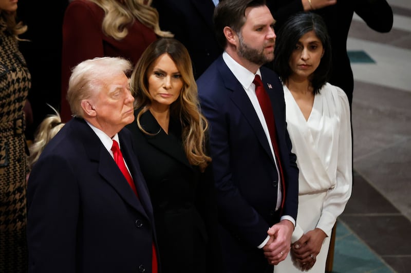 President Donald Trump, first lady Melania Trump, Vice President J.D. Vance and second lady Usha Vance attend the National Prayer Service at Washington National Cathedral on January 21, 2025 in Washington, DC. Tuesday marks Trump's first full day of his second term in the White House.